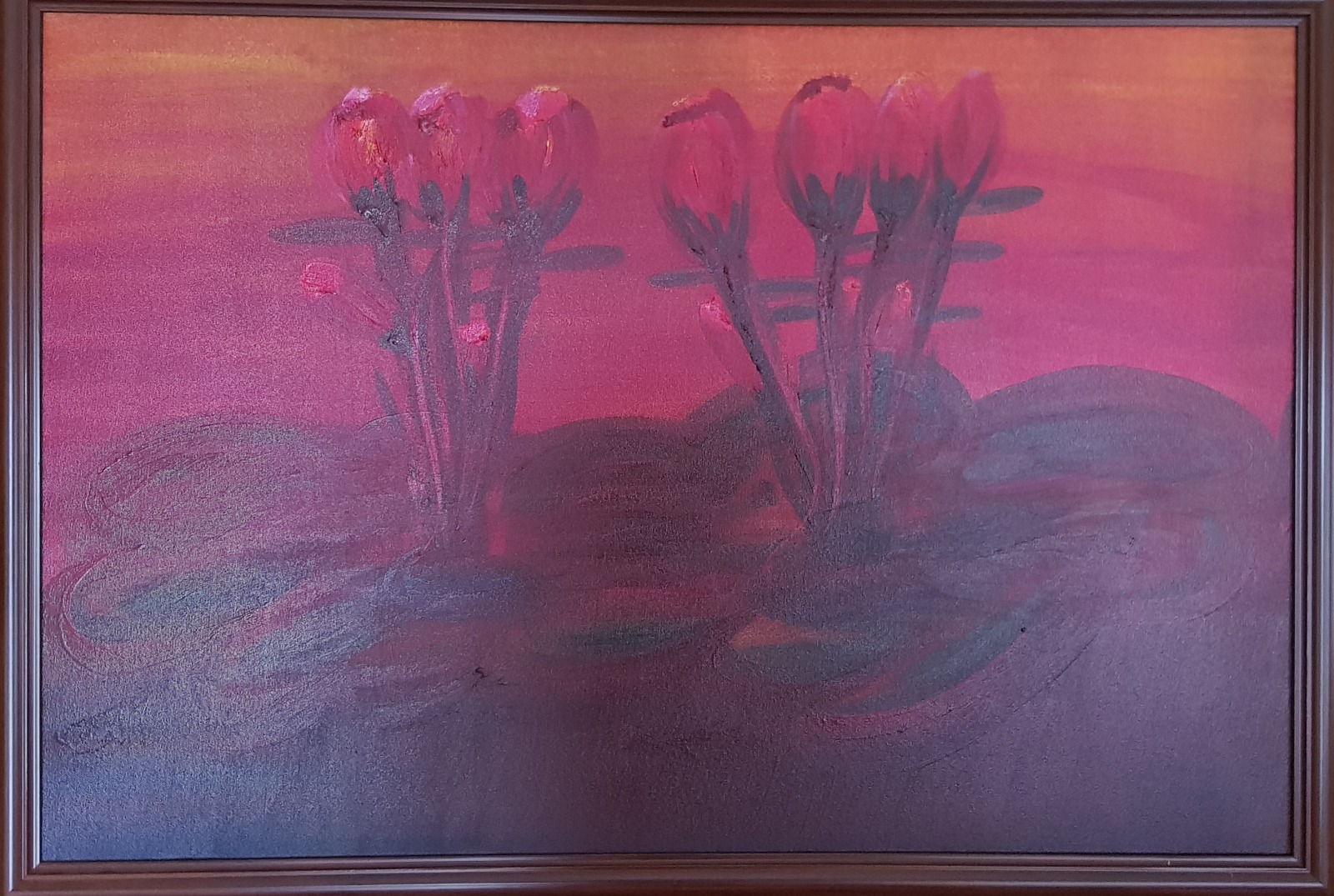 Painting of lotus flowers on a pink lake